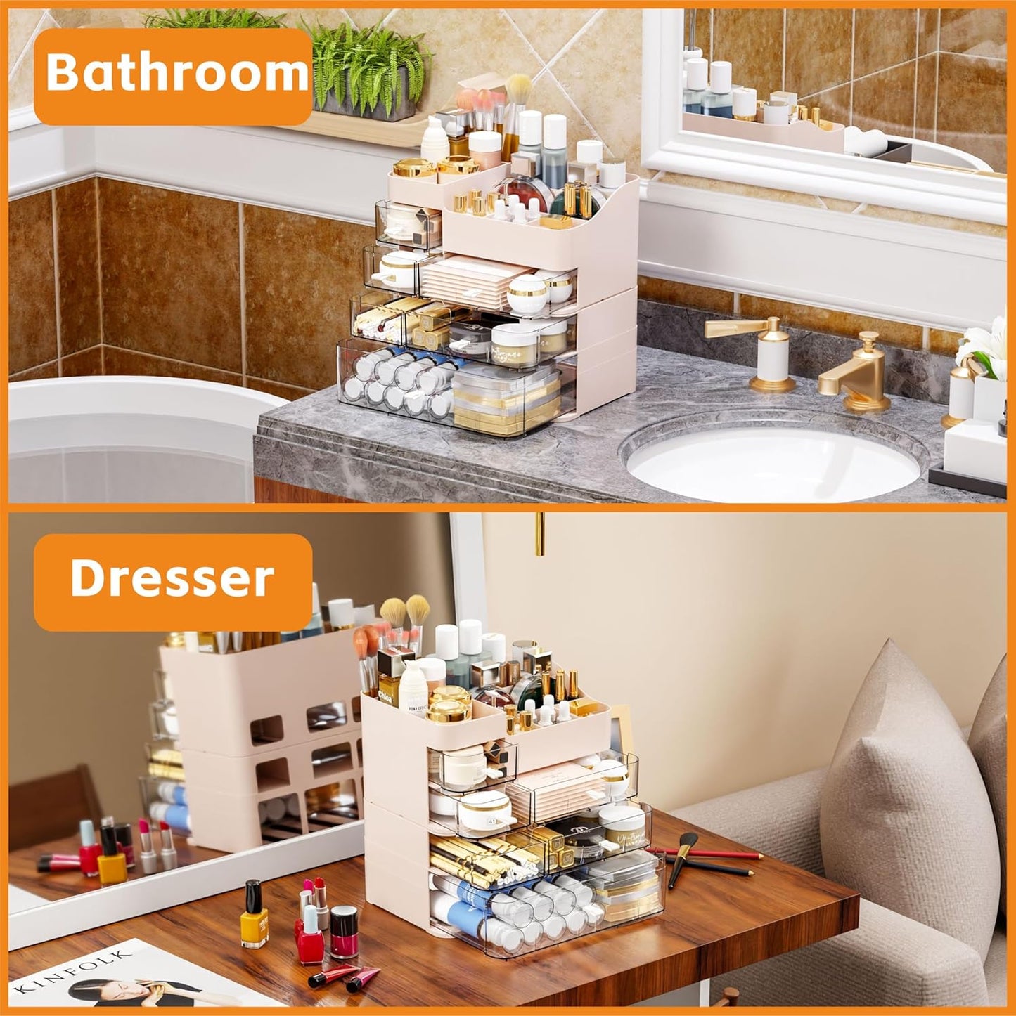 White Makeup Organizer With Drawers,Large Skincare Organizers for Countertop,Desk,Dresser,Plastic Bathroom Counter Organizer for Brush,Palettes,Perfume,Beauty Products Organization,Skin Care Storage