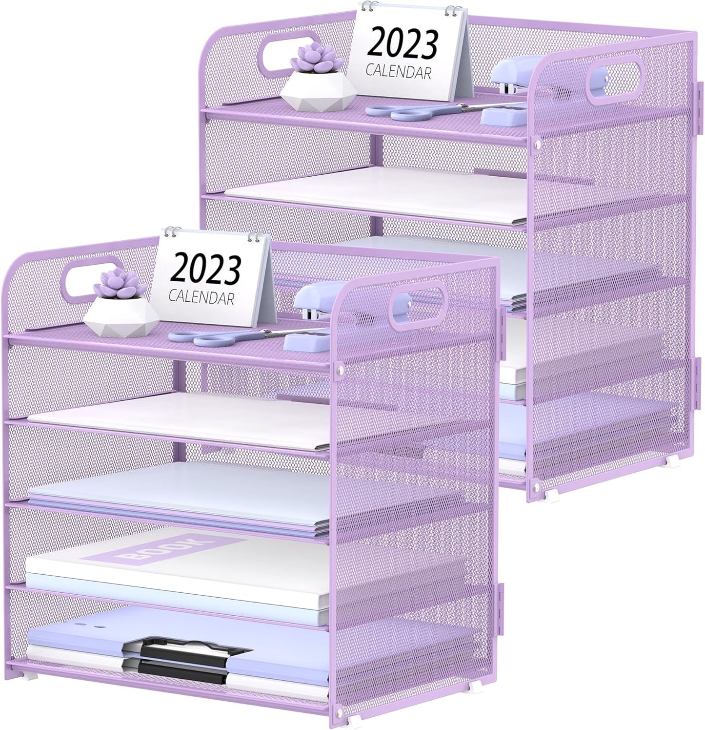 Supeasy 5 Trays Paper Organizer Letter Tray with Handle-Mesh Desk File Holders, Paper Sorter Desk Organizer for Office, Home, Classroom or School, White