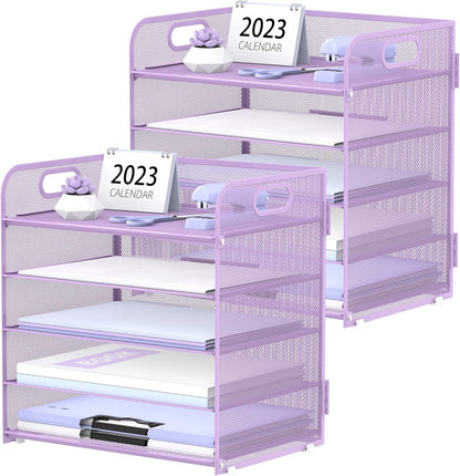 Supeasy 5 Trays Paper Organizer Letter Tray with Handle-Mesh Desk File Holders, Paper Sorter Desk Organizer for Office, Home, Classroom or School, White