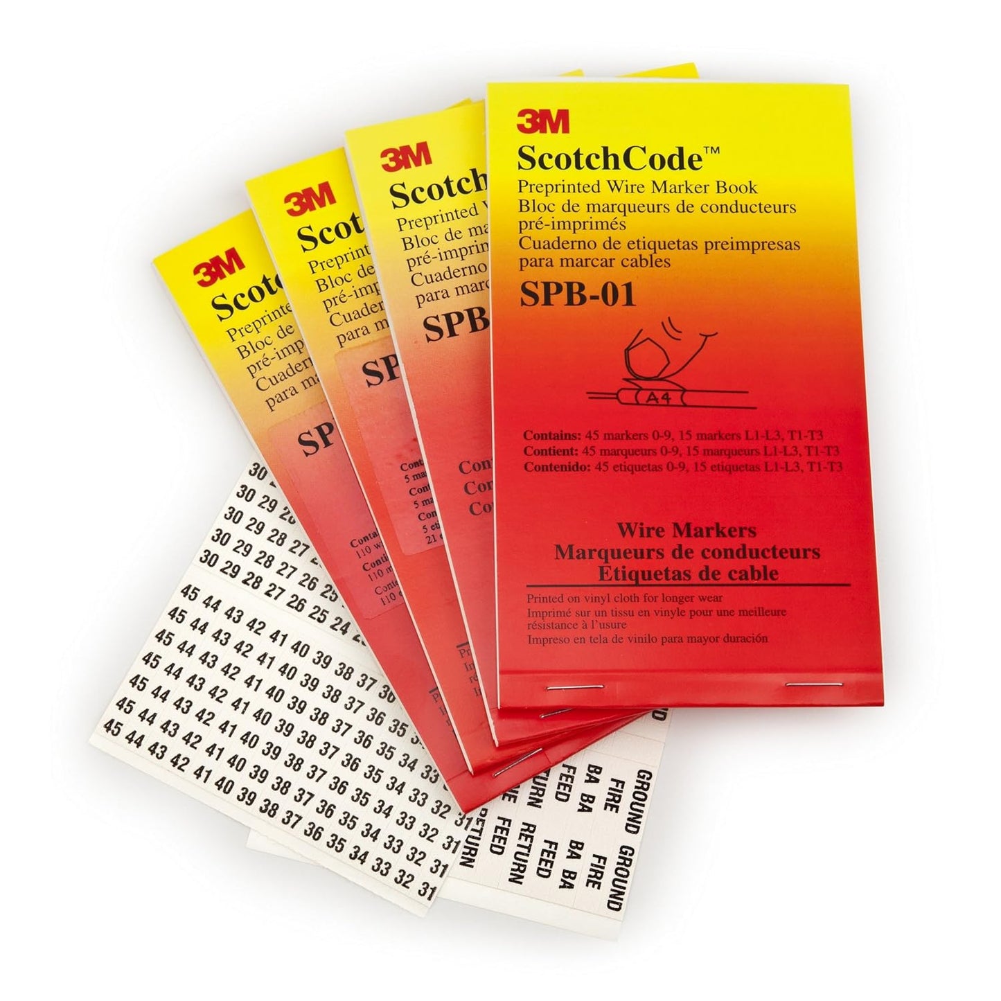 3M ScotchCode Pre-Printed Wire Marker Book SPB-03, Vinyl Coated, Black Printed Numbers (10) each 1–45, White Background Highlights Characters, 1 Book