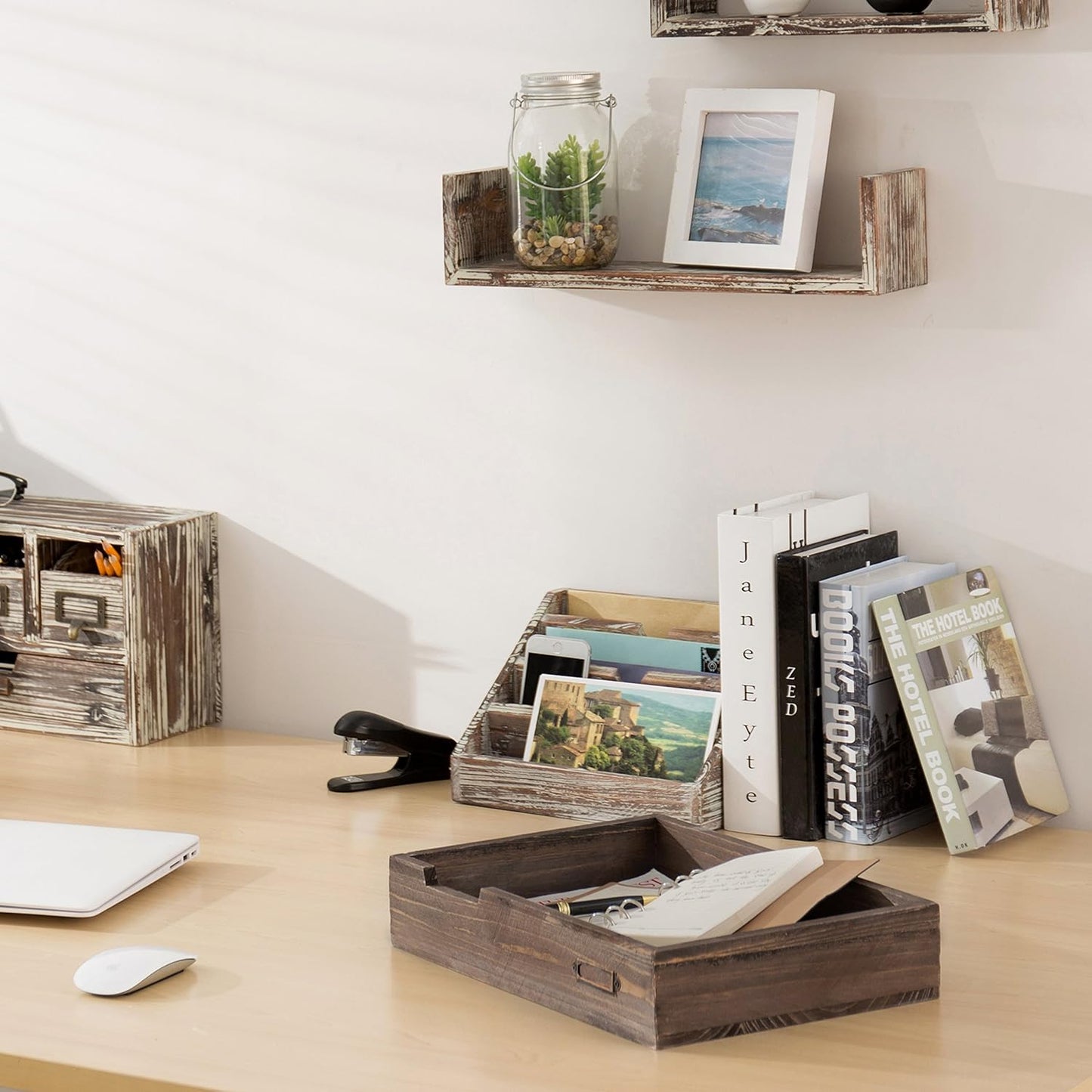 MyGift Distressed Brown Vintage Wood Paper Tray, Office Desktop Document, File Folder, Magazine Holder Tray