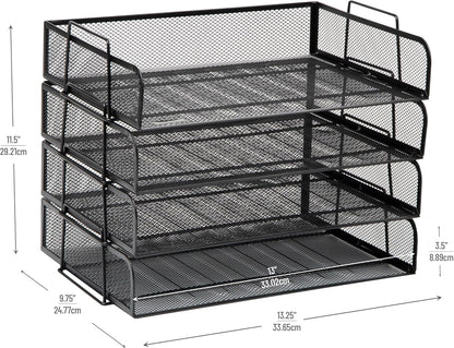 Mind Reader Stackable Paper Tray, Desktop Organizer, File Storage, Office, Metal Mesh, 4 Pcs., Black