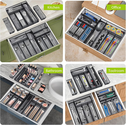 Neudeco Drawer Organizer Set 6 Pack - 5-Compartment Silverware Organizer Tray + 5 Utensil Trays, Kitchen Drawer Organizer for Flatware, Cutlery, Office Supplies, Black Mesh, Non-Slip.