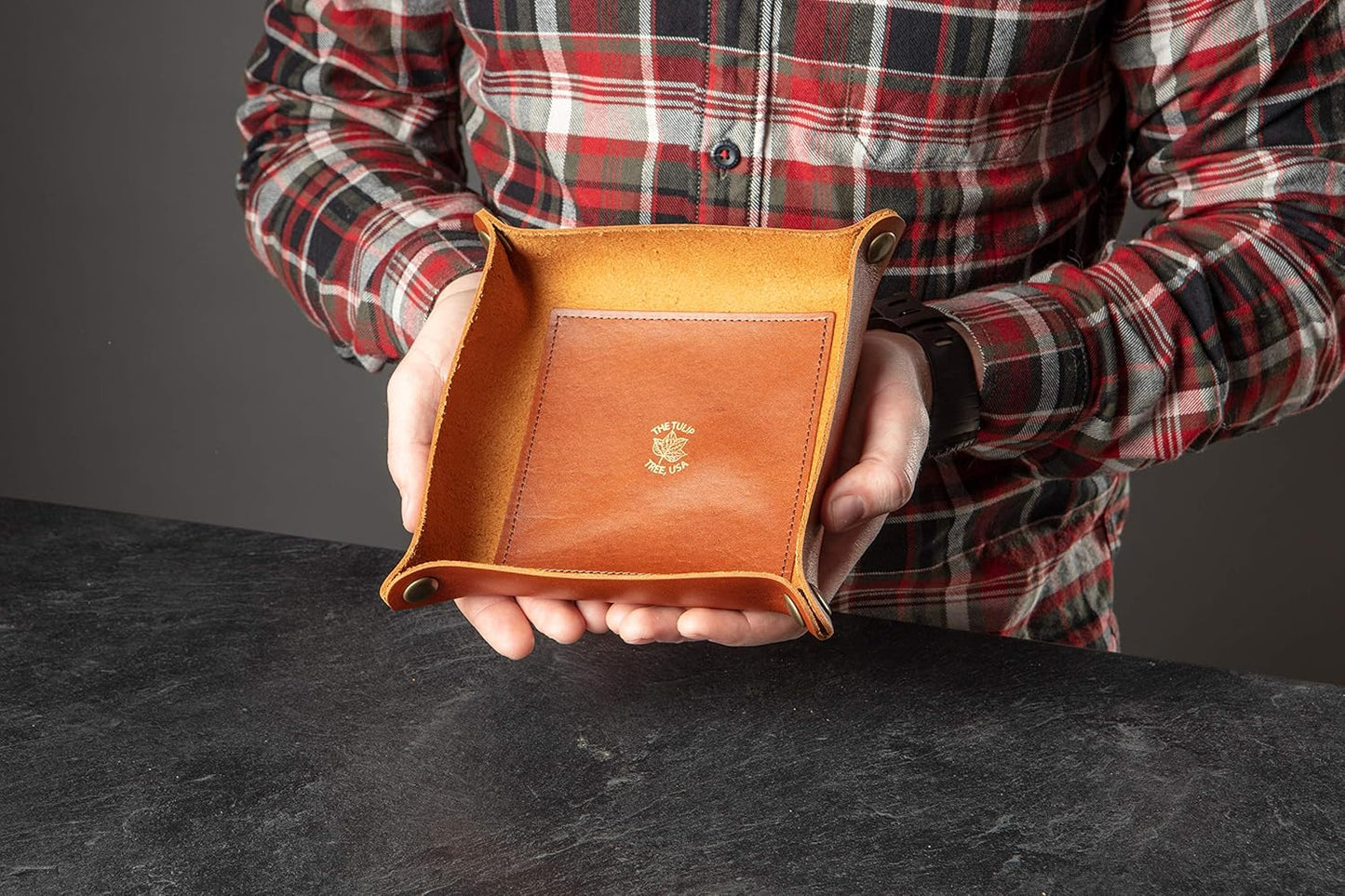 USA Handmade Premium Leather Valet Tray, Folds Flat! Dice Rolling Basket and Organizer with Brass Snaps - Reinforced Base - for Keys, Jewelry, Coin, EDC, Watch Storage Caddy - Black XLarge