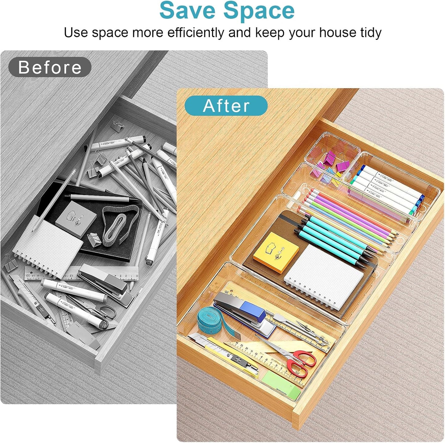 Manalete Drawer Organizers Set of 15, 4 Sizes Clear Plastic Drawer Organizers and Storage Bins for Kitchen, Bathroom, Office, Dresser Desk Drawer Organizer Tray for Jewelry, Makeup, Junk, Gadgets