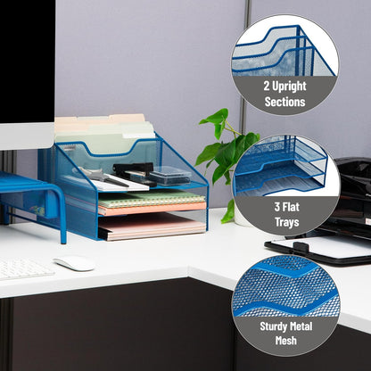 Mind Reader Metal Mesh Desktop File Organizer, 3-Tier Paper Tray with 5 Compartments, Office Mail Sorter, White
