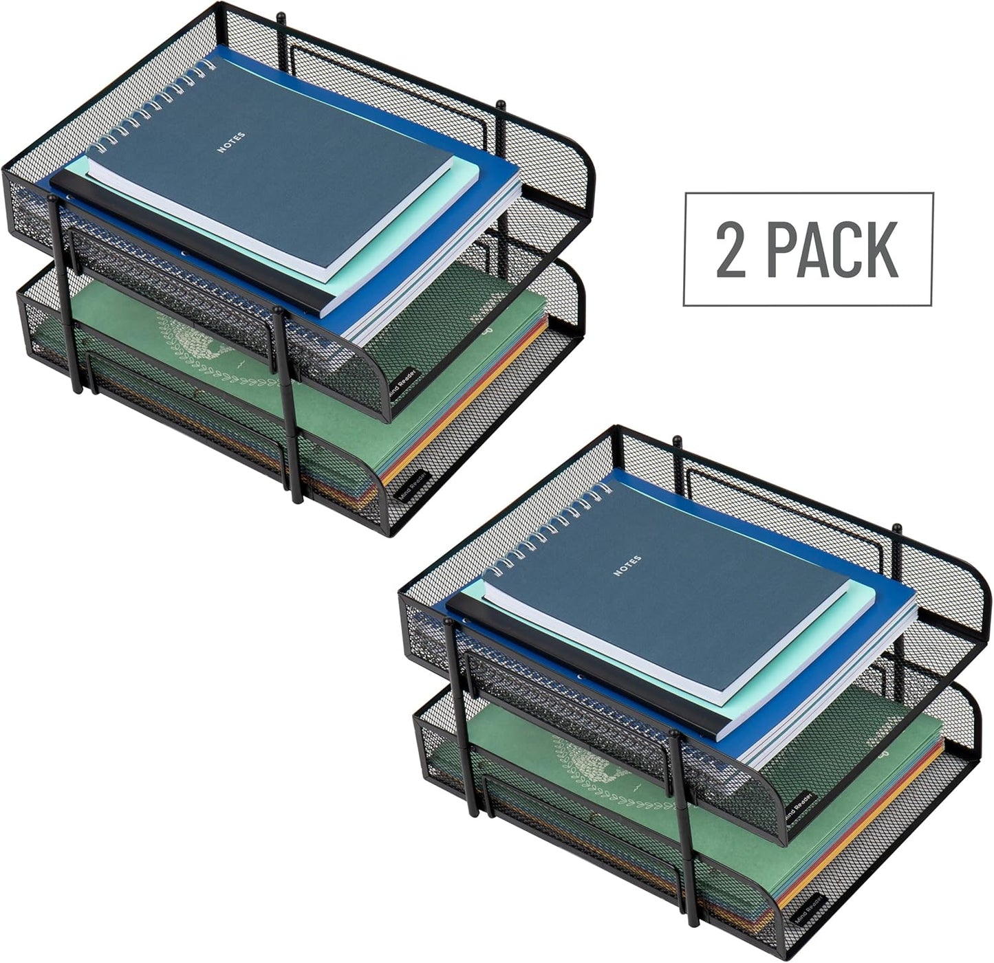 Mind Reader Paper Tray, Desk Organizer, Stackable, Storage, Office, Metal Mesh, 10.5" L x 13.25" W x 7.5" H, Set of 2, Black