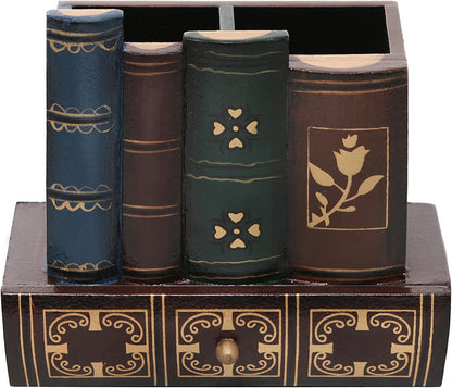MyGift Decorative Desk Organizer Caddy, Pencil and Pen Holder with Bottom Storage Drawer and Antique Library Books Design