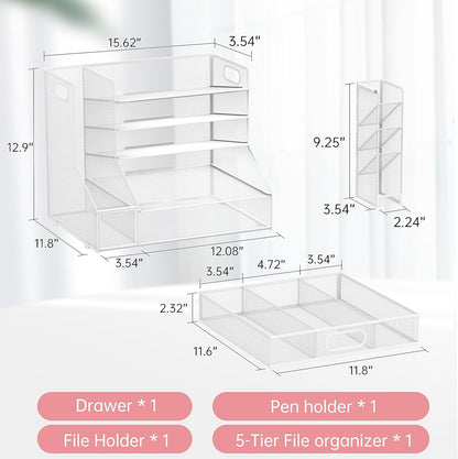 SUPEASY Desk Organizer with File Holder, 5-Tier Mesh Paper Letter Tray and 3 Tilted File Sorter for Office Supplies, Black