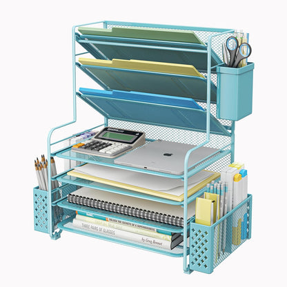 Simple Trending 7 Tier Desk File Organizer, Letter Tray Paper Organizer with Pen Holder and Metal Hanging Basket, Black