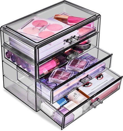 Sorbus Acrylic Makeup Organizer Set, 4-Drawer Vanity & Countertop Cosmetic Storage with Wide Drawers, Clear Makeup Storage for Brushes, Lipsticks, Jewelry – Holiday Gift for Women & Teens