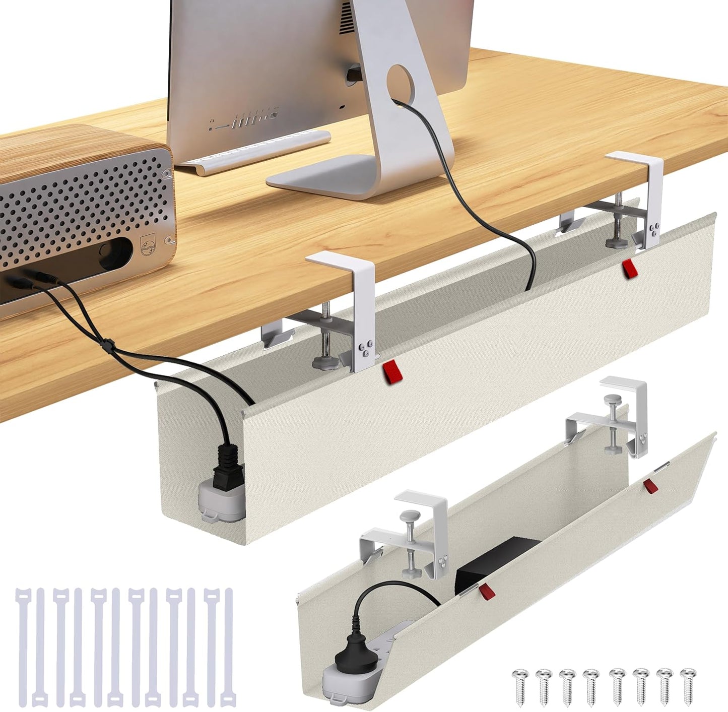 Under Desk Cable Management Tray - Under Desk Cord Management - Clamp/Screw Mount - Fabric Wire Management - Cable Raceways Tray Cord Hiders for Office/Home (Black, 35.8"×5.6")