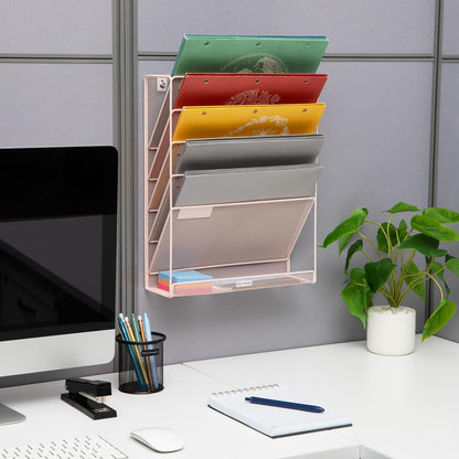 Mind Reader 5-Pocket Vertical File Storage, Desktop Organizer, Wall Mount, Office, Metal Mesh, Pink