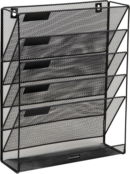 Mind Reader 5-Pocket Vertical File Storage, Desktop Organizer, Wall Mount, Office, Metal Mesh, Pink