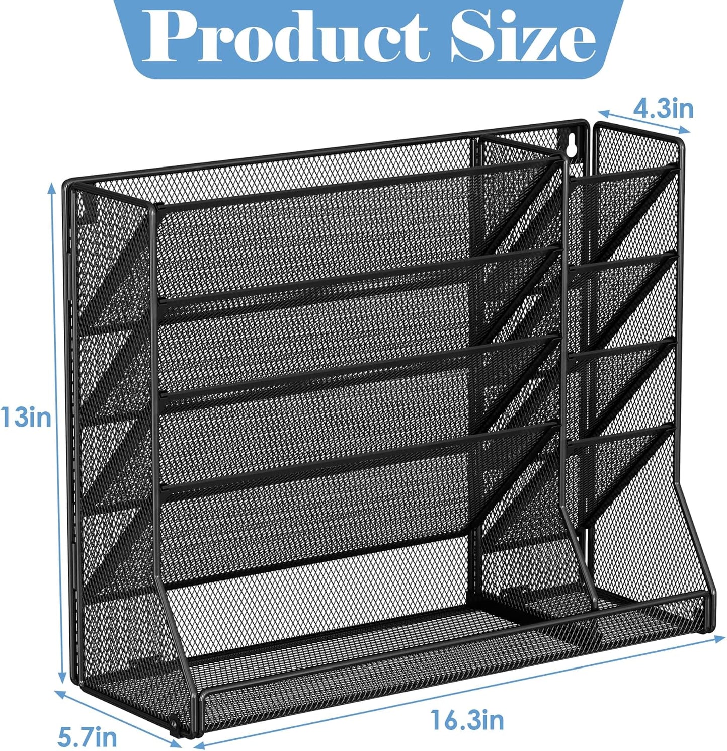 Jakyitvi File Organizer Wall Mounted, 4 Tiers Durable Adjustable Metal Desk Organizer, Desktop Hanging File Holder with 4 Pen Slots Stable, 4 Pull-Out Divider for File, Mail, Black, Patent Pending