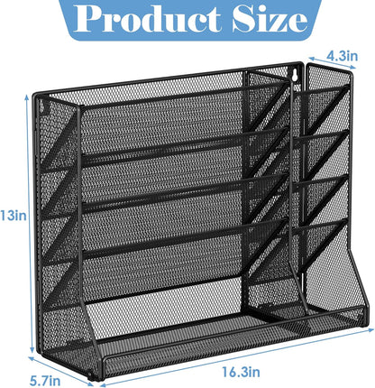 Jakyitvi File Organizer Wall Mounted, 4 Tiers Durable Adjustable Metal Desk Organizer, Desktop Hanging File Holder with 4 Pen Slots Stable, 4 Pull-Out Divider for File, Mail, Black, Patent Pending