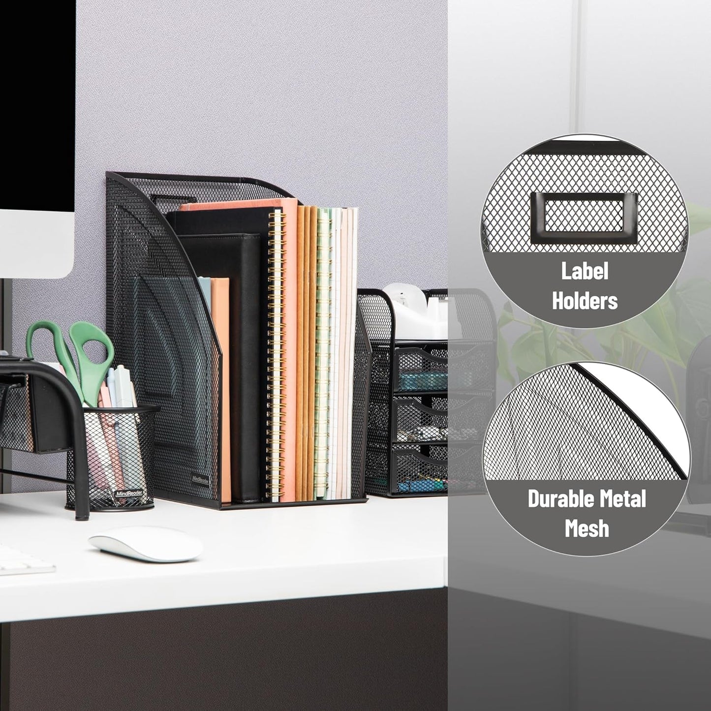 Mind Reader Vertical File Organizers, Desktop File Holders for Folders, Magazines, and Paperwork, Workspace Organizer, Metal Mesh, Set of 2, Black