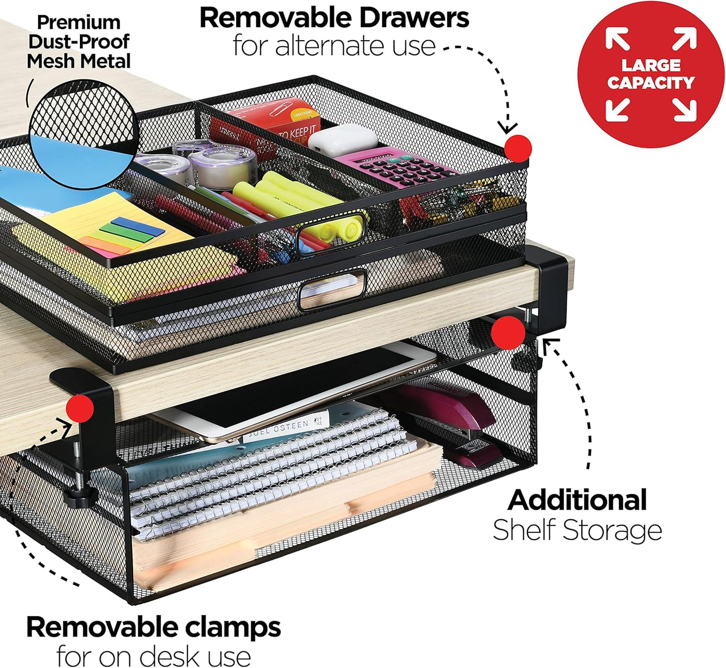 Under Desk Drawer Organizer Clamp-On, Mesh Metal Attachment, 1 Drawer Slide Out, On or Under Desk Organizer for Office Supplies & Home Essentials