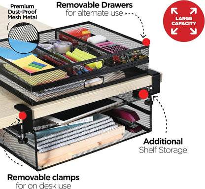Under Desk Drawer Organizer Clamp-On, Mesh Metal Attachment, 1 Drawer Slide Out, On or Under Desk Organizer for Office Supplies & Home Essentials