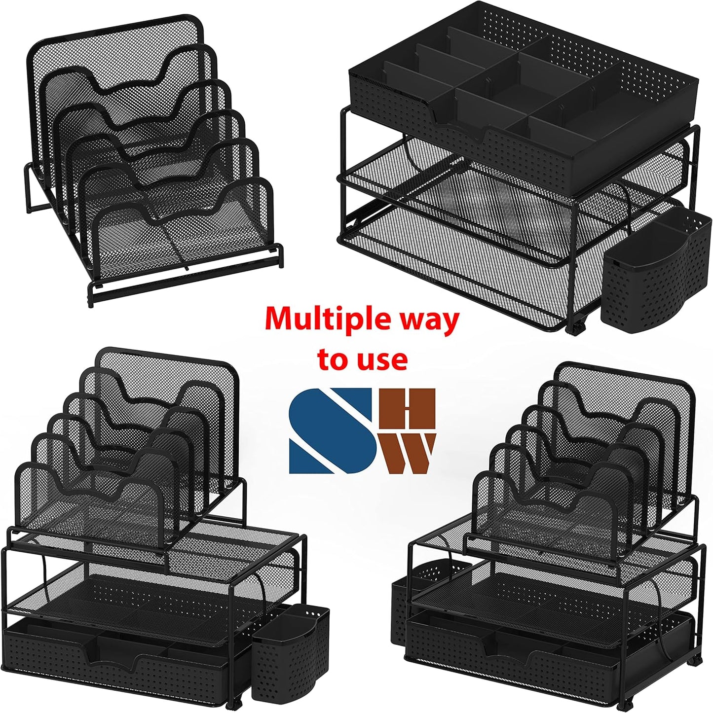 Simple Houseware Mesh Desk Organizer with Sliding Drawer, Double Tray and 5 Stacking Sorter Sections, Black