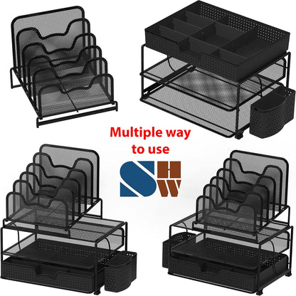 Simple Houseware Mesh Desk Organizer with Sliding Drawer, Double Tray and 5 Stacking Sorter Sections, Black