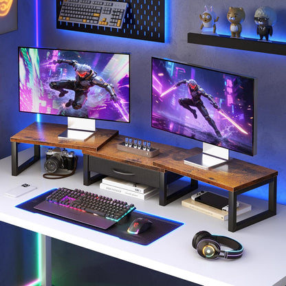 Dual Monitor Stand Riser, Desk Organizers and Accessories with Drawer, Computer Monitor Stands for Desk, Adjustable Desktop Shelf for PC Laptop Printer TV, Black