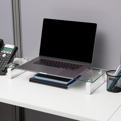 Mind Reader Monitor Stand, Contemporary, Desktop Organizer, Laptop Riser, Office, Glass, Clear