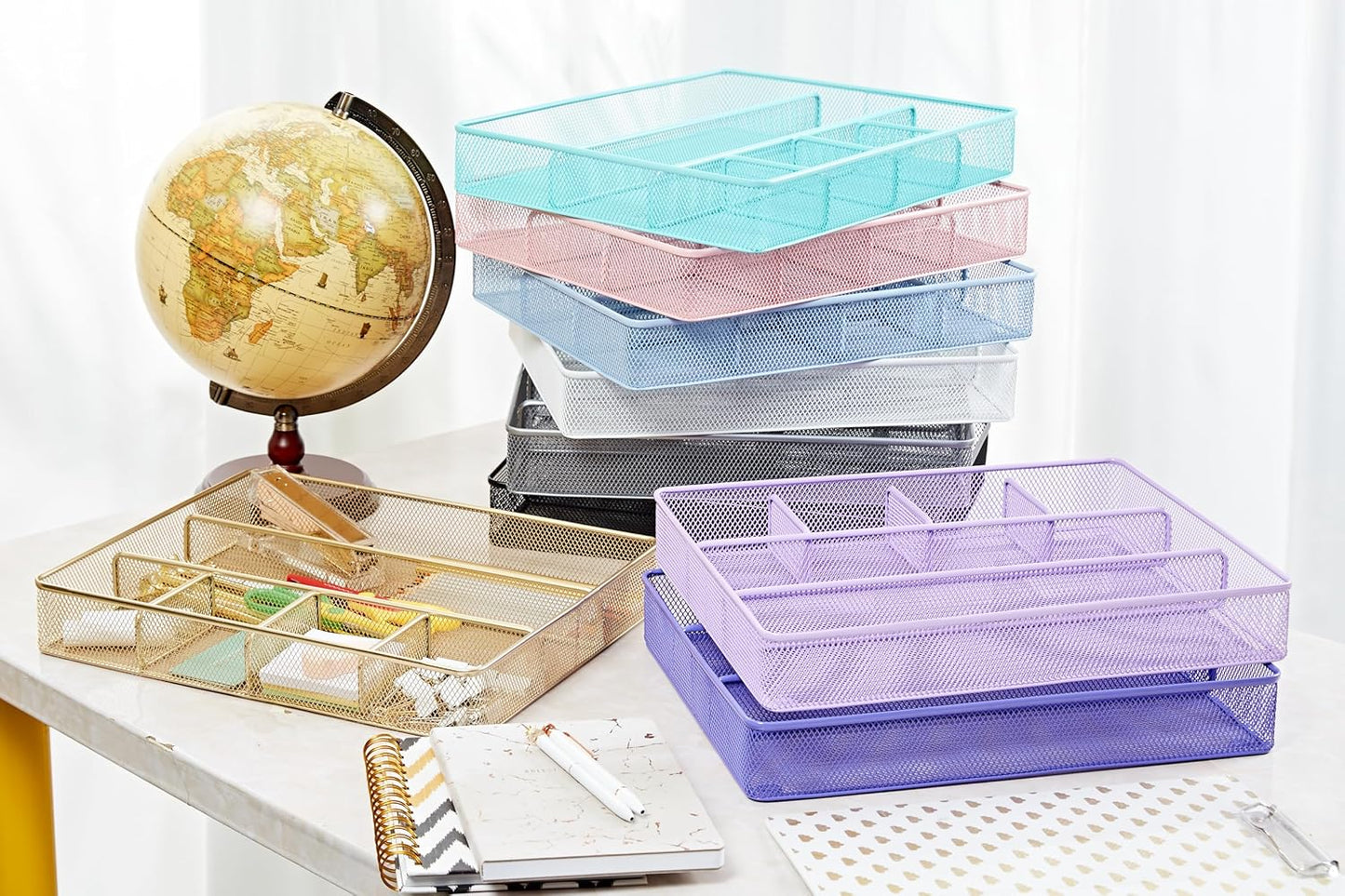 Annova Desk Drawer Organizer Tray for Office Organization - Metal Mesh - Storage Tray with Dividers for Pens, Desktop Accessories, Bathroom, Kitchen, Makeup and Office Supplies (Small, Gold)