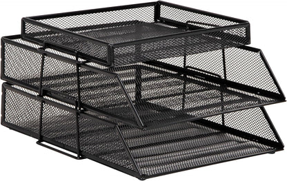 Mind Reader 2 Tier Paper Tray with Top Supply Compartment, Desktop File Organizer, Metal Mesh, Black