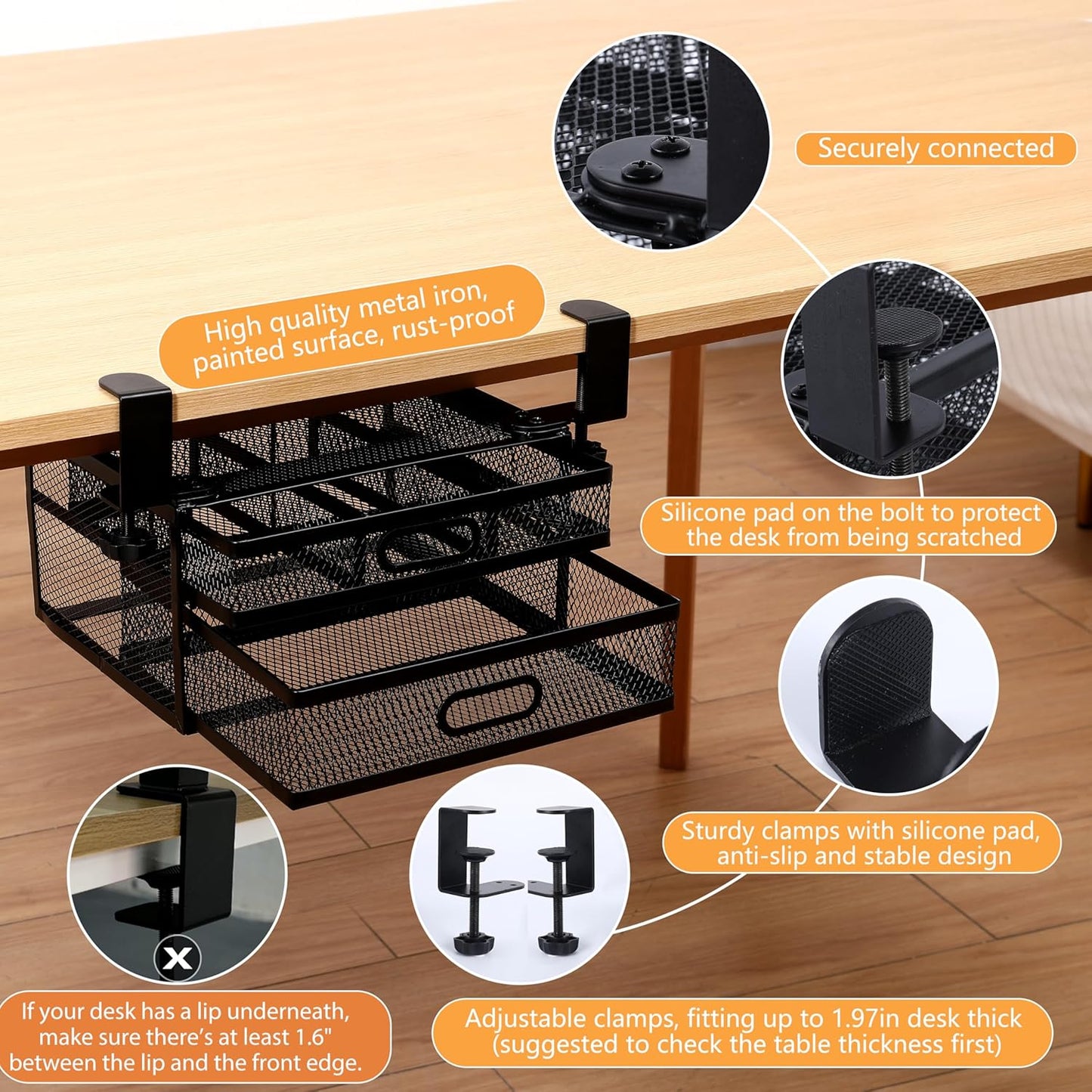 Sliding Under Desk Drawer Organizer No Drilling 2 Drawers Slide Out Desktop Or Under Table Storage Metal Clamp On Desk Drawer Attachment Anti-Slip Desktop Organizer for Home & Office, White
