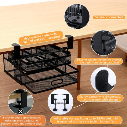 Sliding Under Desk Drawer Organizer No Drilling 2 Drawers Slide Out Desktop Or Under Table Storage Metal Clamp On Desk Drawer Attachment Anti-Slip Desktop Organizer for Home & Office, White