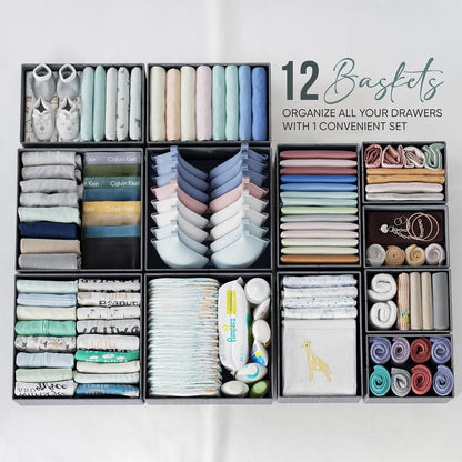 Drawer Organizer Clothes Set of 12 Grey - Dresser Organizer For Nursery, Bedroom, Closet - The Perfect Baby Clothes Organizer and Storage & General Nursery Organization or Dresser Drawer Organizers