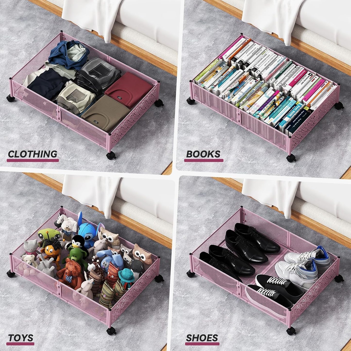 PHINOX Under Bed Storage Containers with Wheels, Under Bed Shoe Storage Organizer Drawer, Tool-free Assembly Metal Storage Containers for Bedroom Clothes Shoes Blankets -2PCK