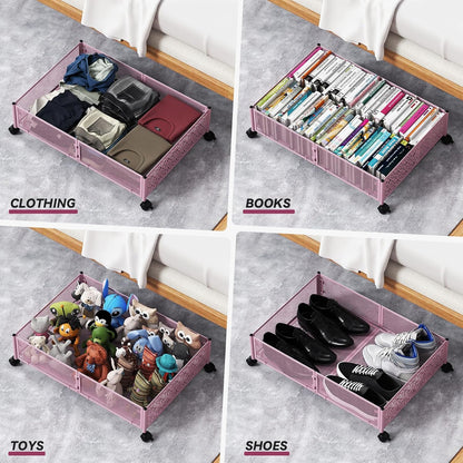 PHINOX Under Bed Storage Containers with Wheels, Under Bed Shoe Storage Organizer Drawer, Tool-free Assembly Metal Storage Containers for Bedroom Clothes Shoes Blankets -2PCK