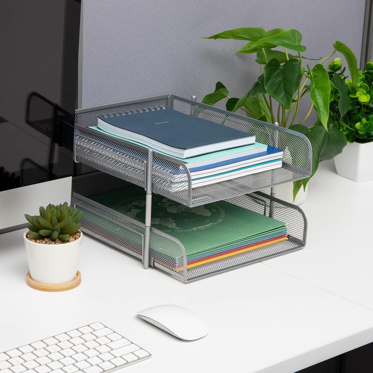 Mind Reader Stackable Paper Tray, Desktop Organizer, File Storage, Office, Metal Mesh, 2 Pcs, Black
