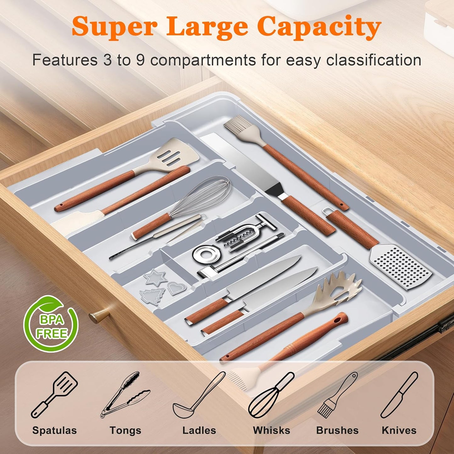 Spaclear Large Utensil Drawer Organizer Expandable Silverware Organizer for Kitchen Drawer Adjustable Cooking Utensil Holder Cutlery Flatware Tray Spatula Tools Gadgets Storage Dividers Plastic Black