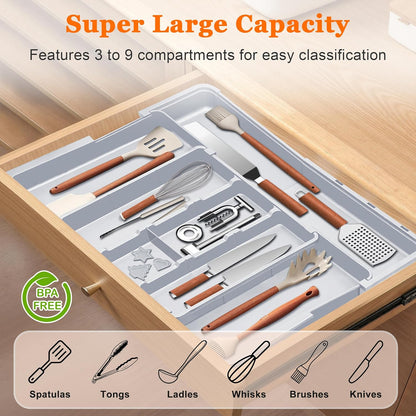Spaclear Large Utensil Drawer Organizer Expandable Silverware Organizer for Kitchen Drawer Adjustable Cooking Utensil Holder Cutlery Flatware Tray Spatula Tools Gadgets Storage Dividers Plastic Black