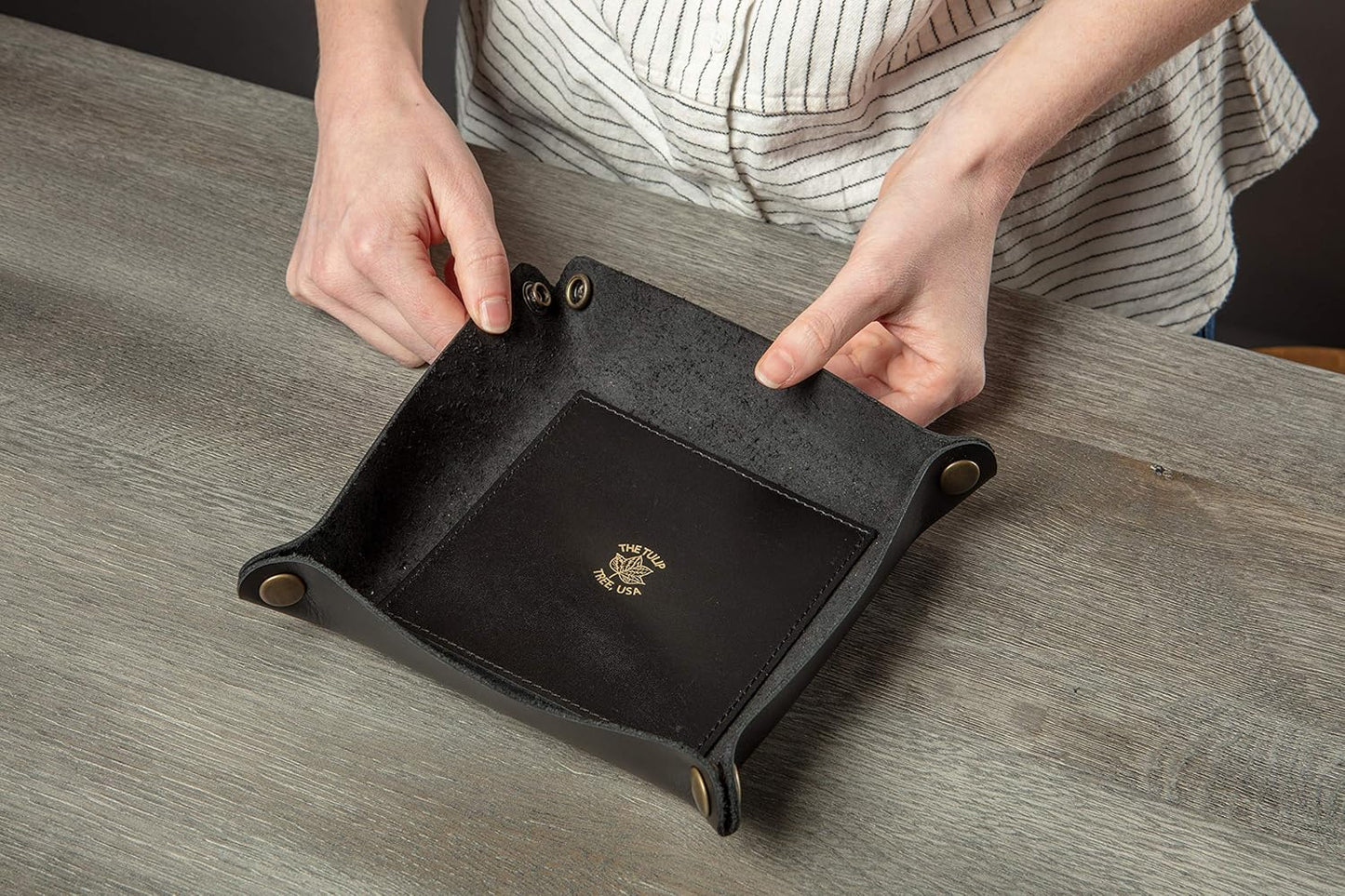 USA Handmade Premium Leather Valet Tray, Folds Flat! Dice Rolling Basket and Organizer with Brass Snaps - Reinforced Base - for Keys, Jewelry, Coin, EDC, Watch Storage Caddy - Black XLarge