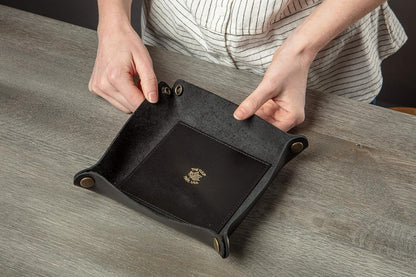 USA Handmade Premium Leather Valet Tray, Folds Flat! Dice Rolling Basket and Organizer with Brass Snaps - Reinforced Base - for Keys, Jewelry, Coin, EDC, Watch Storage Caddy - Black XLarge