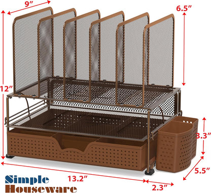 Simple Houseware Mesh Desk Organizer with Sliding Drawer, Double Tray and 5 Upright Sections, Black