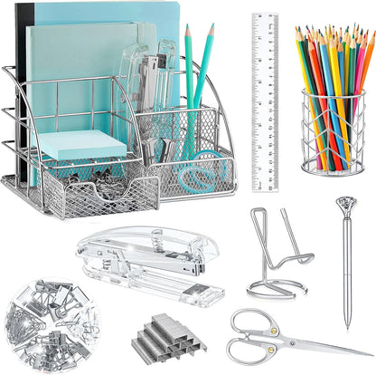 KAAKOW Gold Desk Organizers and Accessories Office Supplies Set Stapler, Pen Holder, Phone Holder, Scissors, Pen, Ruler, 30 Paper Clips, 22 Binder Clip, 20 Tacks and 1000pcs Staples (Gold)