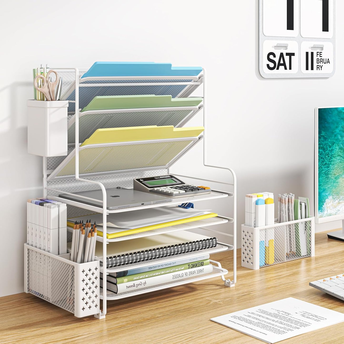 Simple Trending 7 Tier Desk File Organizer, Letter Tray Paper Organizer with Pen Holder and Metal Hanging Basket, Black