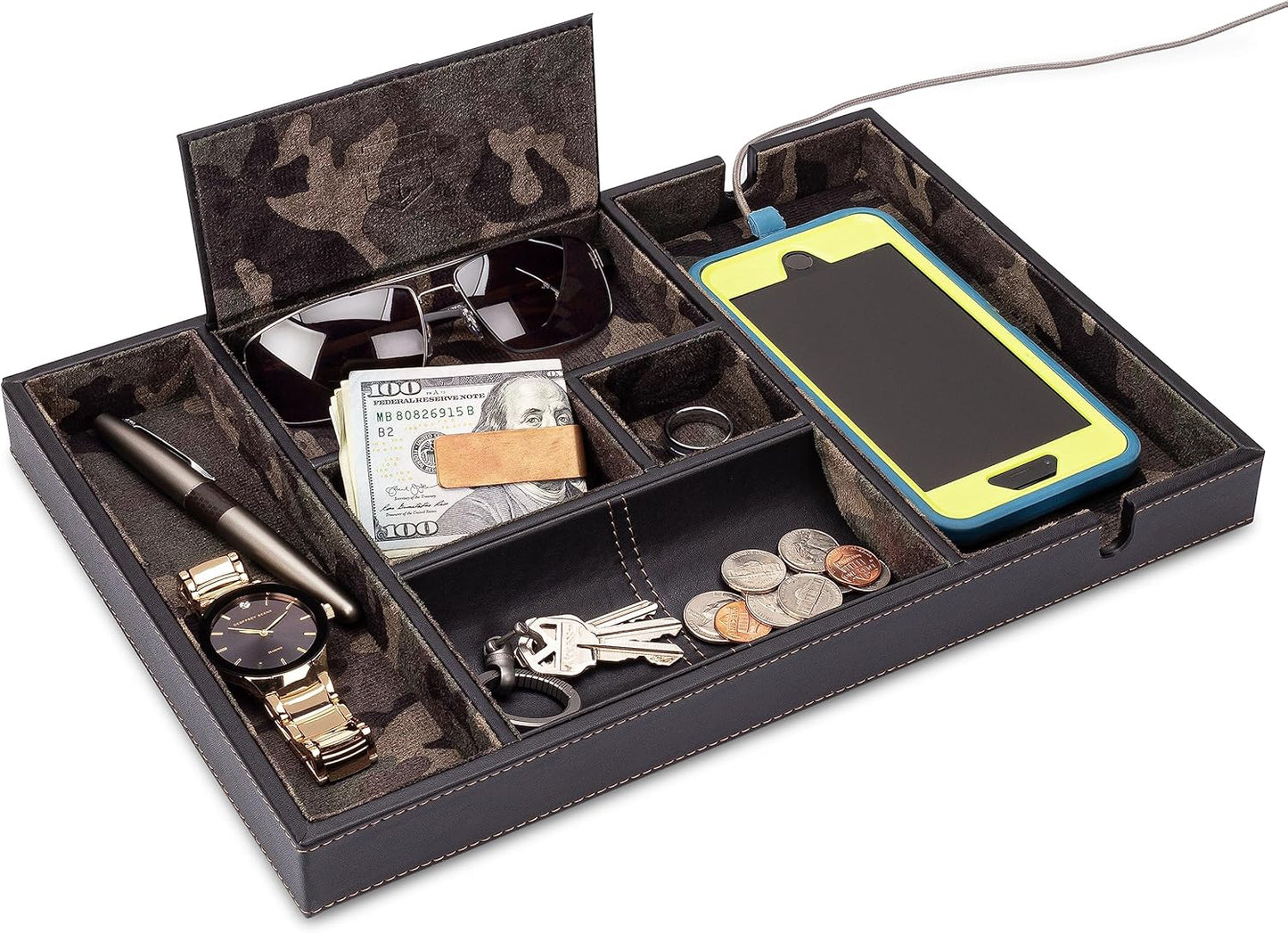 HOUNDSBAY Victory Valet Tray for Men, Camo Gifts for Men, Handmade PU Leather EDC Tray, Scratch Resistant, Nightstand Organizer - Black Woodland Camo