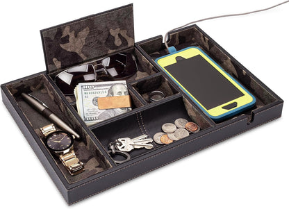 HOUNDSBAY Victory Valet Tray for Men, Camo Gifts for Men, Handmade PU Leather EDC Tray, Scratch Resistant, Nightstand Organizer - Black Woodland Camo