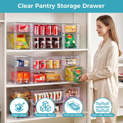 Vtopmart 4 Pack Clear Stackable Storage Drawers,Under Sink and Kitchen Organizers Storage,Easy to Assemble Plastic Drawers for Baby Bottle,Medicine, Bathroom,Cabinet and Pantry Organization