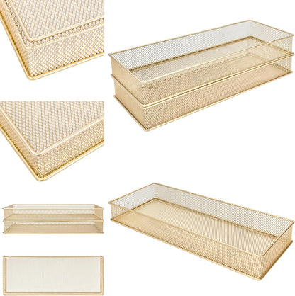Annova Stackable Mesh Drawer Cabinet and Shelf Organizer Bins Storage Basket School Office Supply Holder Tray- Set of 2 (Gold, 3x3x2 Inch)