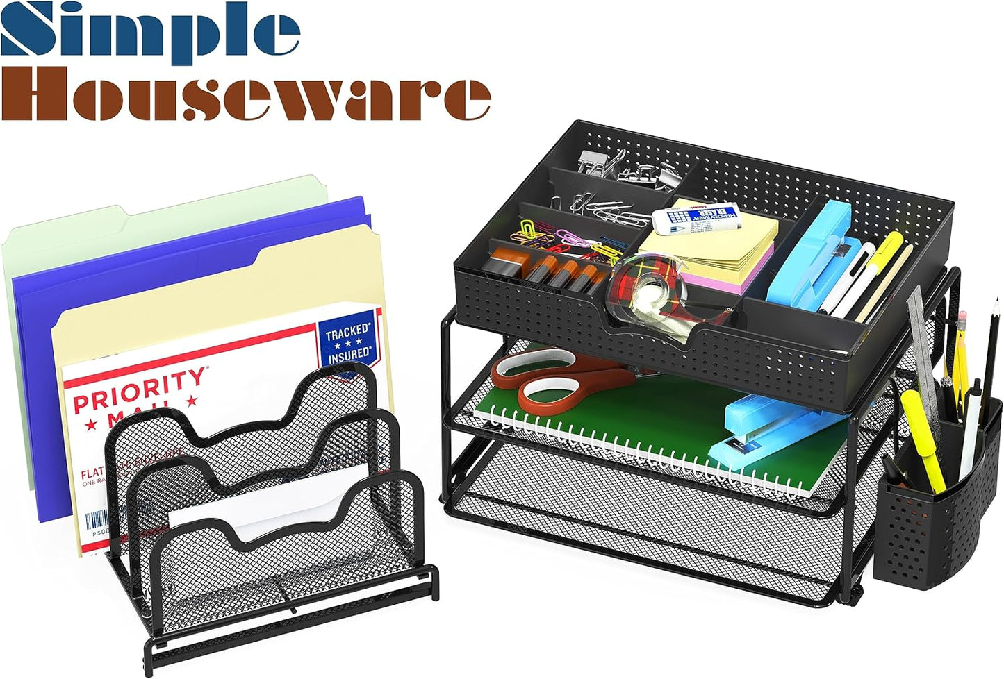 Simple Houseware Mesh Desk Organizer with Sliding Drawer, Double Tray and 5 Stacking Sorter Sections, Black