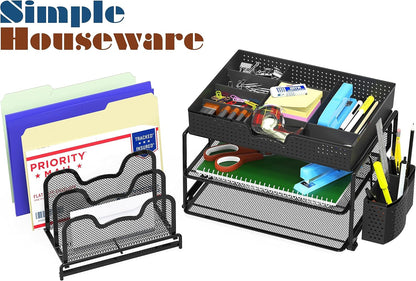 Simple Houseware Mesh Desk Organizer with Sliding Drawer, Double Tray and 5 Stacking Sorter Sections, Black