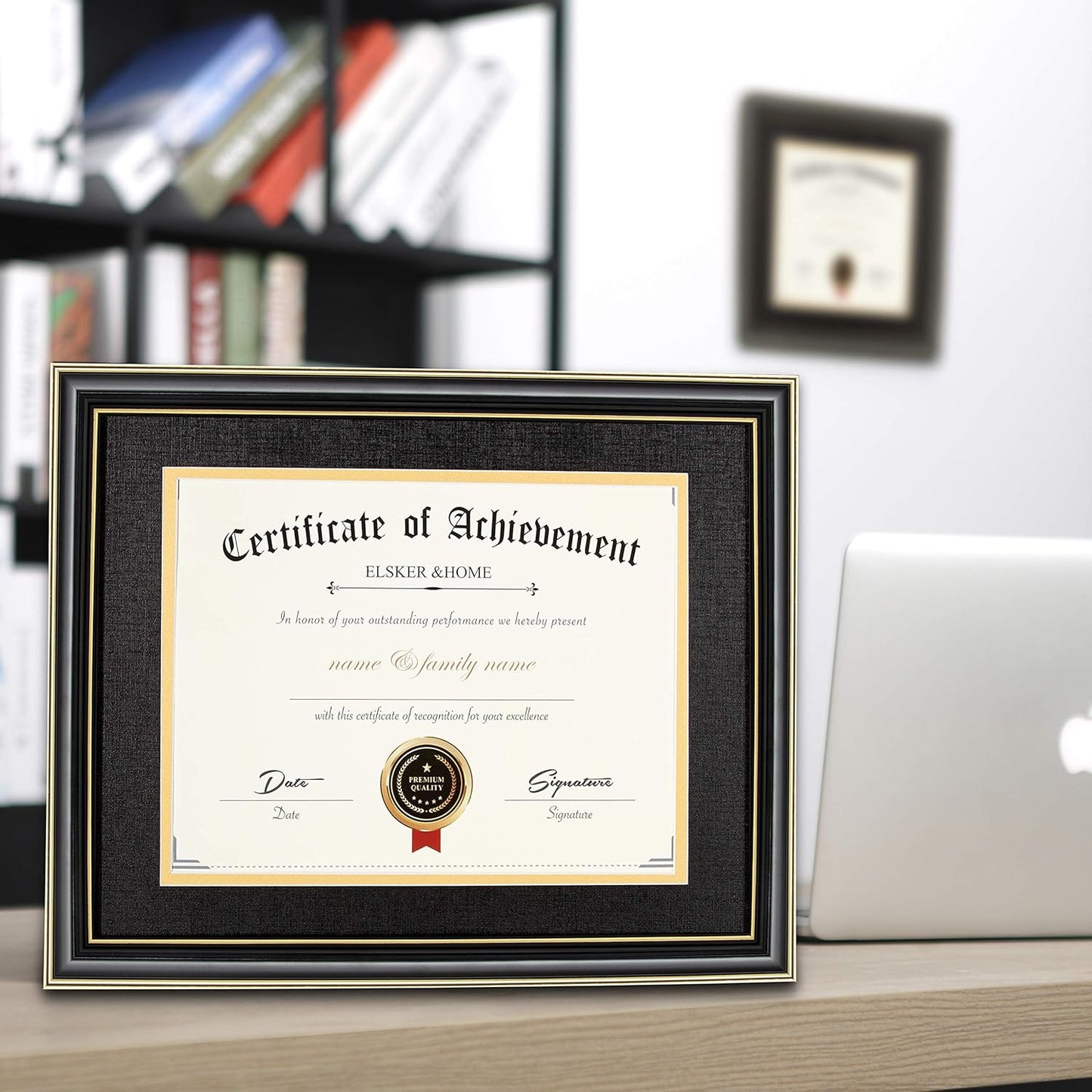 ELSKER&HOME Diploma Frame - Wide Solid Wood Frame - Black Velvet Golden Rim Mat - Semi-Tempered Glass - Includes Hanging Hardware and Desktop Easel(ONLY Display 11×14 Document/Certificate)