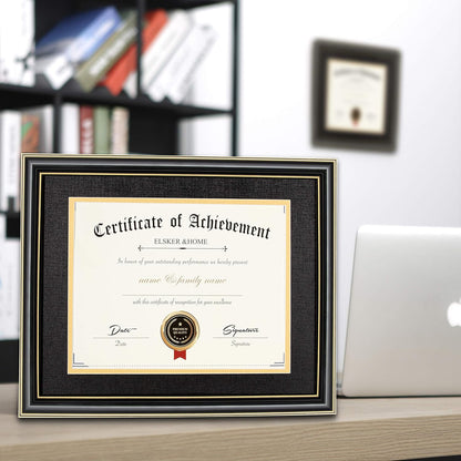ELSKER&HOME Diploma Frame - Wide Solid Wood Frame - Black Velvet Golden Rim Mat - Semi-Tempered Glass - Includes Hanging Hardware and Desktop Easel(ONLY Display 11×14 Document/Certificate)